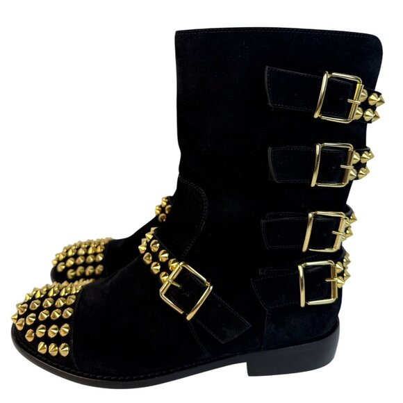GIUSEPPE ZANOTTI BLACK SUEDE GOLD STUDDED BUCKLE BIKER Flat BOOTS SHOES SZ 40 - Picture 6 of 15